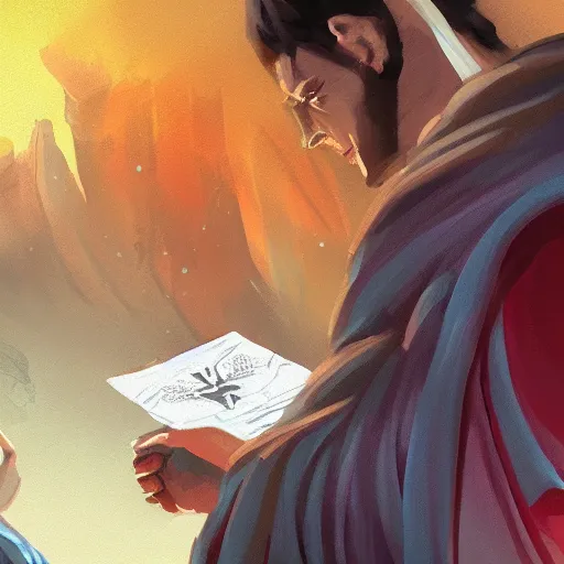 Prompt: Closeup shot of a mysterious letter being handed from one person to another, magic the gathering, digital painting, card game illustration