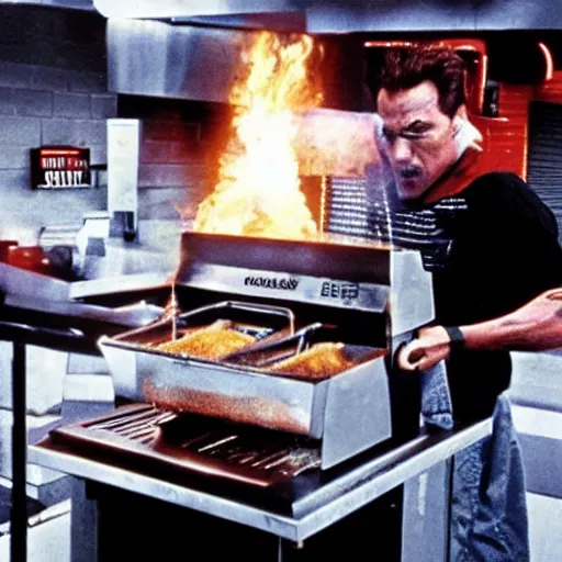 Prompt: The Terminator using a deep fryer in a fast food restaurant