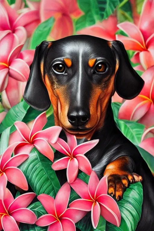 Image similar to ultra realistic illustration, portrait of a dachshund plumeria tropical bouquet background, close up shot, fantasy, intricate, elegant, highly detailed, digital painting, artstation, concept art, smooth, sharp focus, illustration, surrealism