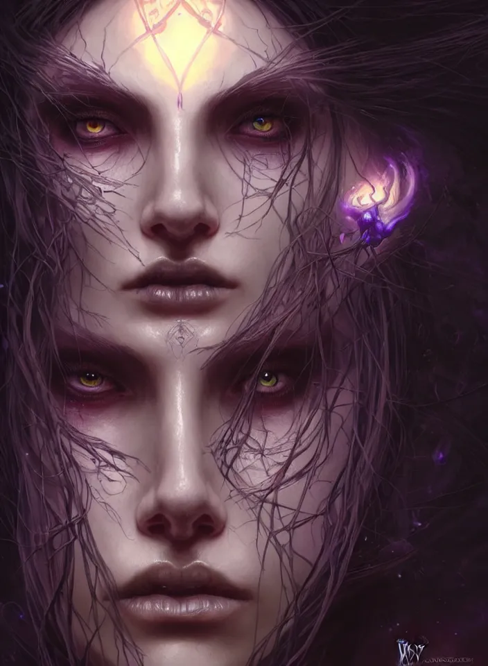 Image similar to Necromancer Sorceress face close-up macro in center, fantasy magic, undercut hairstyle, dark light night, intricate, elegant, sharp focus, illustration, highly detailed, digital painting, concept art, matte, art by WLOP and Artgerm and Greg Rutkowski and Alphonse Mucha, masterpiece