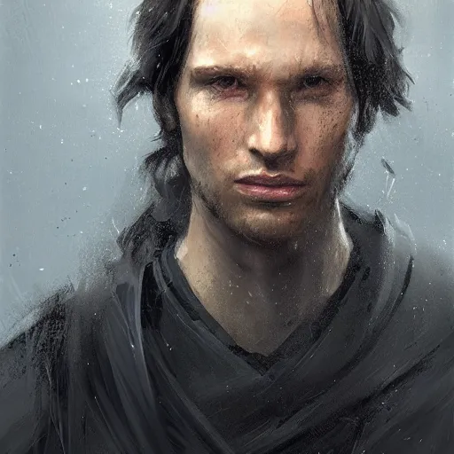 Prompt: portrait of a man by greg rutkowski, british features, messy black long hair, black robes, star wars expanded universe, he is about 2 0 years old, wearing jedi robes, highly detailed portrait, digital painting, artstation, concept art, smooth, sharp foccus ilustration, artstation hq