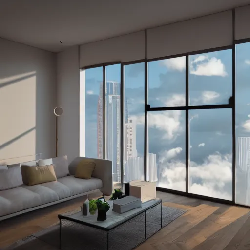 Prompt: modern apartment, aesthetic, floor to cieling windows overlooking a bright floating city in the clouds, octane render, 4k