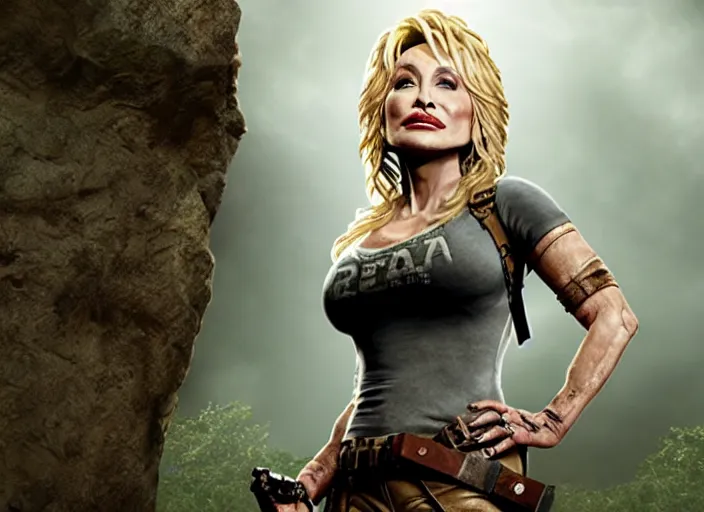 Image similar to film still of!!!! dolly parton!!! as lara croft in new tomb raider movie, 8 k