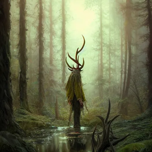 Prompt: highly detailed creepy forest creature with antlers, stephen bliss, unreal engine, fantasy art by greg rutkowski, loish, rhads, ferdinand knab, makoto shinkai and lois van baarle, ilya kuvshinov, rossdraws, tom bagshaw, global illumination, radiant light, detailed and intricate environment