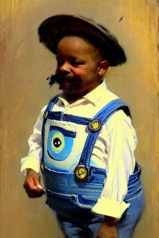 Image similar to impressionist brushstrokes!!!! solomon joseph solomon and richard schmid and jeremy lipking victorian loose genre loose painting full length portrait painting of a cute minion