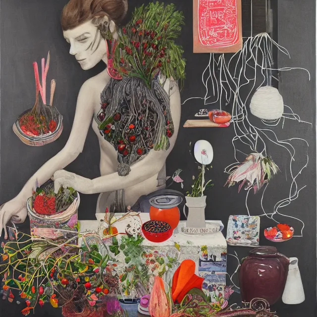 Prompt: a portrait in a female artist's kitchen, a woman holding berries, herbs, japanese pottery, australian wildflowers as ikebana, a glowing brain with electrical wires, smokey burnt love letters, candles, feminine, organic, octopus, squashed berries, pancakes, black underwear, neo - expressionism, surrealism, acrylic and spray paint and oilstick on canvas