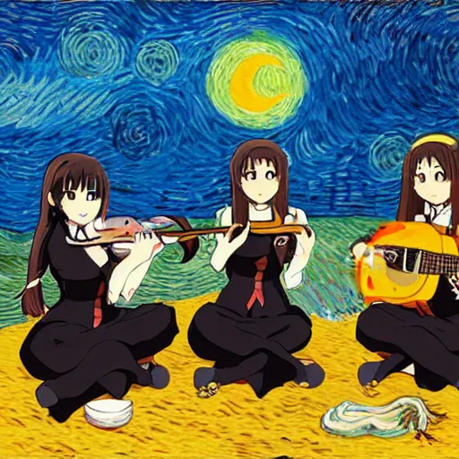 Prompt: k - on houkago tea time anime in the style of vincent van gogh, playing their respective instruments on a beach during a partly cloudy sunset