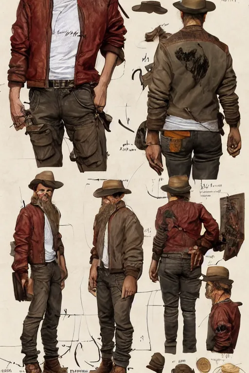 Prompt: character design, reference sheet, whole character, 40's adventurer, unshaven, optimistic, stained dirty clothing, straw hat, heavy boots, red t-shirt, dusty brown bomber leather jacket, detailed, concept art, photorealistic, hyperdetailed, , art by Leyendecker and frazetta,
