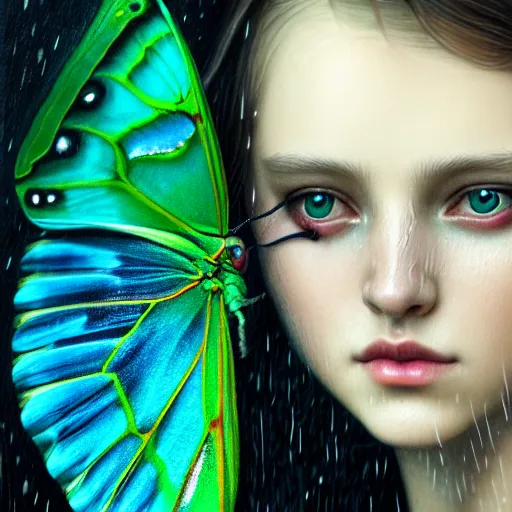 Image similar to girl in rain with wet hair and face, teal luna moth wing, fantasy, intricate, elegant, dramatic lighting, emotionally evoking symbolic metaphor, highly detailed, lifelike, photorealistic, digital painting, artstation, concept art, smooth, sharp focus, illustration, art by John Collier and Albert Aublet and Krenz Cushart and Artem Demura and Alphonse Mucha