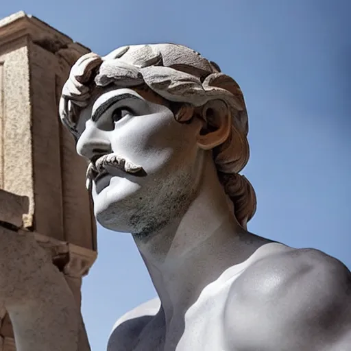 Image similar to Mario as a greek god statue, realistic photo in athens