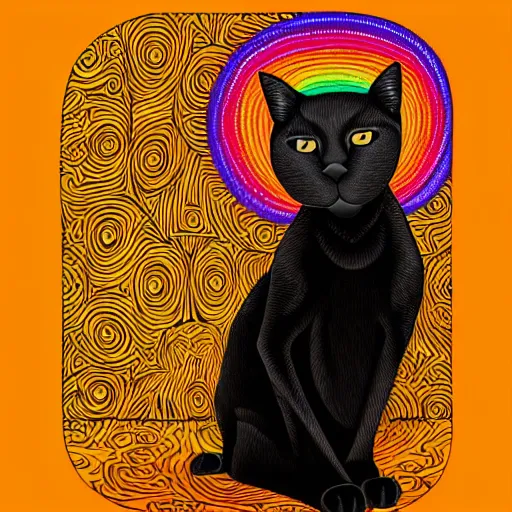 Image similar to an adult black woman, light skin, colorful ornate earrings, curly 3 c black hair, smile on her face, brown eyes, holding her small black bombay cat in the style of alex grey, trending on art station 8 k