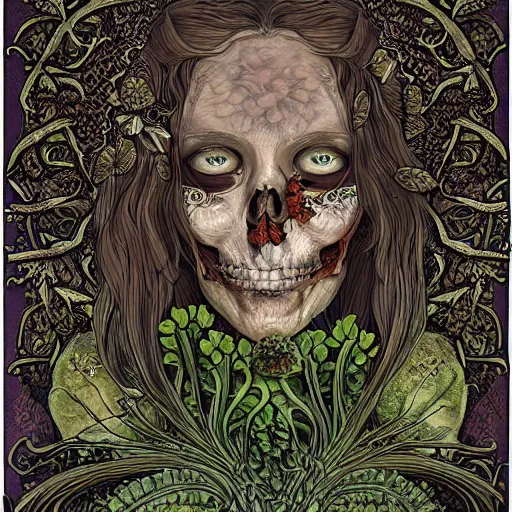 Image similar to a beautiful detailed front view portrait of a rotten woman corpse with fractal plants and fractal flowers and mushrooms growing around, intricate, symmetrical, ornate, ornamentation, bones, illustration, in the style of art nouveau