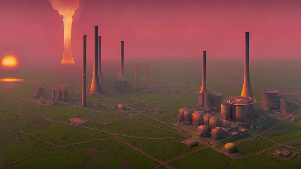 Image similar to A nuclear power plant in utopia by Simon Stålenhag and J.M.W. Turner, oil on canvas; Nuclear Fallout, Art Direction by Adam Adamowicz; 4K, 8K drone shot ; Ultra-Realistic Depth Shading;