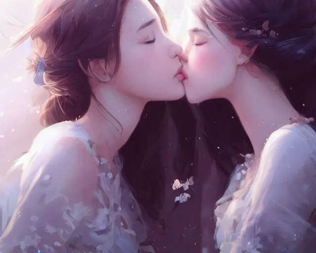 Image similar to two beautiful girls kissing, sharp details, sharp focus, elegant, highly detailed, illustration, by jordan grimmer and greg rutkowski and pine ( ハイネ ) and 薯 子 imoko and 香 川 悠 作 and wlop and maya takamura, intricate, beautiful, trending artstation, pixiv, digital art