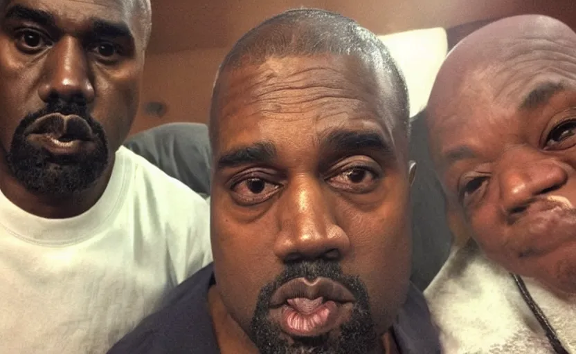 Image similar to my uncle look like Kanye West if he was poor asf lmao, close-up, uncomfortable, funny, phone quality, camera flash on, viral photo, viral on instagram