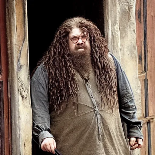 Prompt: a long shot still from harry potter half blood prince depicting hagrid : a man twice as tall as a normal man and at least five times as wide. he looked simply too big and so wild long tangles of bushy black hair and beard hide most of his face, hands the size of trash can lids, and his feet in their leather boots were enormous - n 4