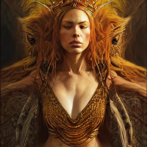 Prompt: highly detailed portrait of a majestic lioness queen in the form of a beautiful woman. d & d, art by gerald brom and ruan jia and carl larsson. trending on artstation, intricate details, energetic composition, golden ratio, concept art, illustration, elegant art