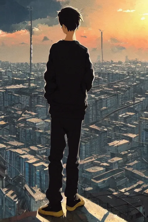 Prompt: Sad gopnik boy in black adidas looking atop of a urban plateau filled with soviet apartment buildings, golden hour, dreamy, beautiful clouds, ultra detailed beautiful lighting, wallpaper, cityscape, beautiful artwork by Makoto Shinkai