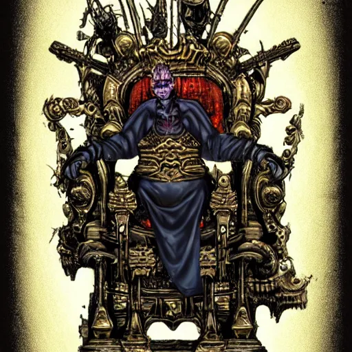 Image similar to illustration. the corpse emperor on his golden throne. 4 0 k. body horror.