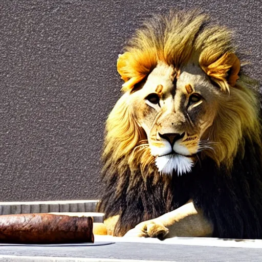 Image similar to a very detailed photo of a lion ( smoking a cigar ) outside the mansion by the pool