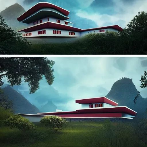 Image similar to modernist house inspired by a tibetan palace on a hill, big green trees, colorful clouds, dramatic lighting, artstation, matte painting, raphael lacoste, simon stalenhag, frank lloyd wright, zaha hadid