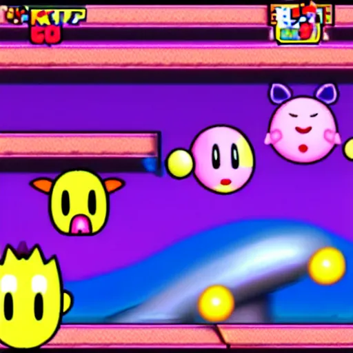 Image similar to kirby consuming his own body, kirby's dreamland gameplay