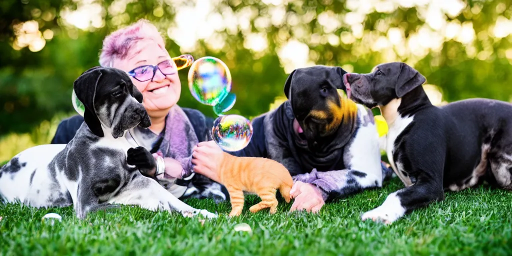 Image similar to a tiny adorable kitten and an elderly great dane are the best of friends, golden hour, back yard, giant iridescent soap bubbles fill the air, bokeh