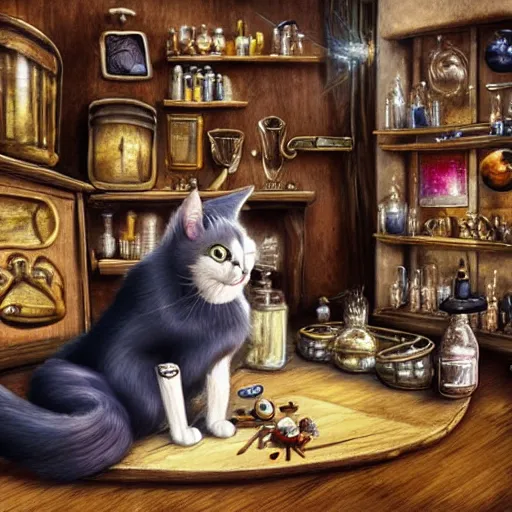 Image similar to a full body beautifull witch with white hair in an old room. A cristal ball on a wood table with a potions and old instruments. A cat on the floor licking his paw. in a fantasy style paiting