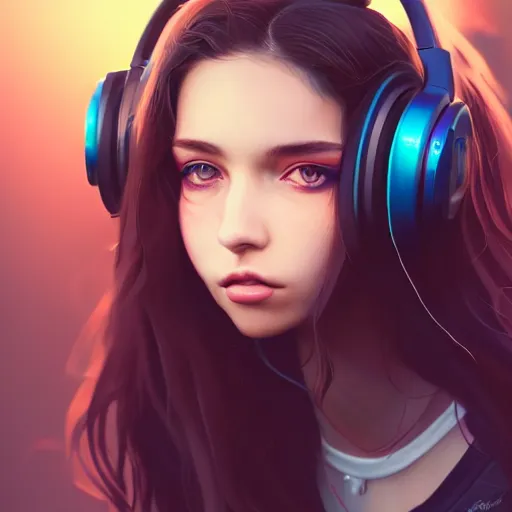 Image similar to beautiful full portrait of a girl, brunette curvy long hair, full - body shot, wearing cyberpunk headphones, streetwear, like a fashion model + high detailed, resolution beautifully detailed landscape trending on artstation 8 k, cinematic, epic detailed trending on artstation 8 k, by bukurote + krenz cushart + ryota - h + wlop