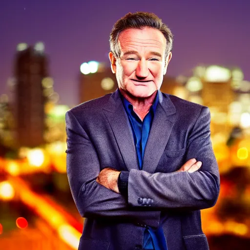 Image similar to a still of Robin Williams. Shallow depth of field. City at night in background, lights, colors ,studio lighting, mood, 4K. Profession photography