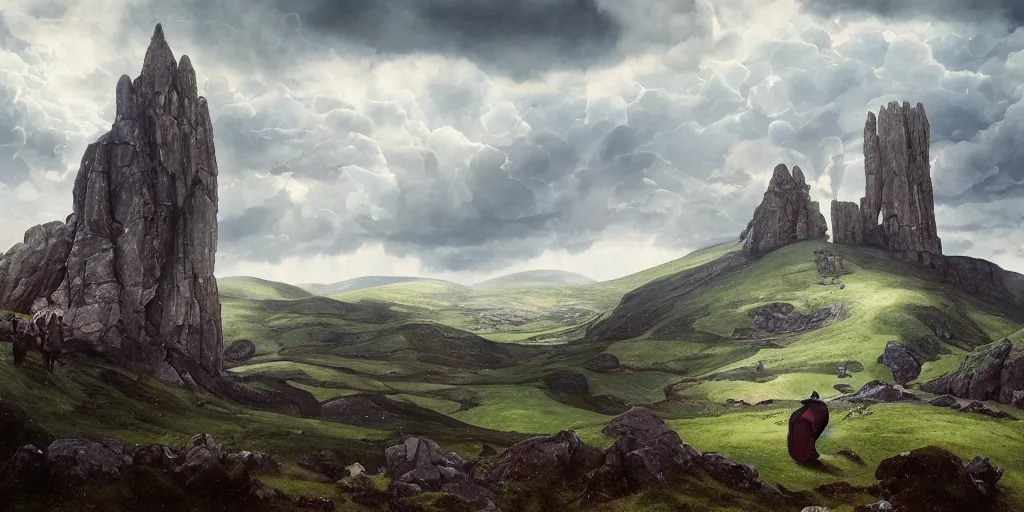 Image similar to Beautiful landscape of Aberdeenshire and Bennachie in the centre, physically accurate, dramatic dynamic lighting, intricate, elegant, highly detailed, digital painting, artstation, very hyperrealistic, Hieronymus Bosch, Tomas Sanchez, Renaissance, concept art, smooth, sharp focus, illustration, art by artgerm and greg rutkowski and alphonse mucha