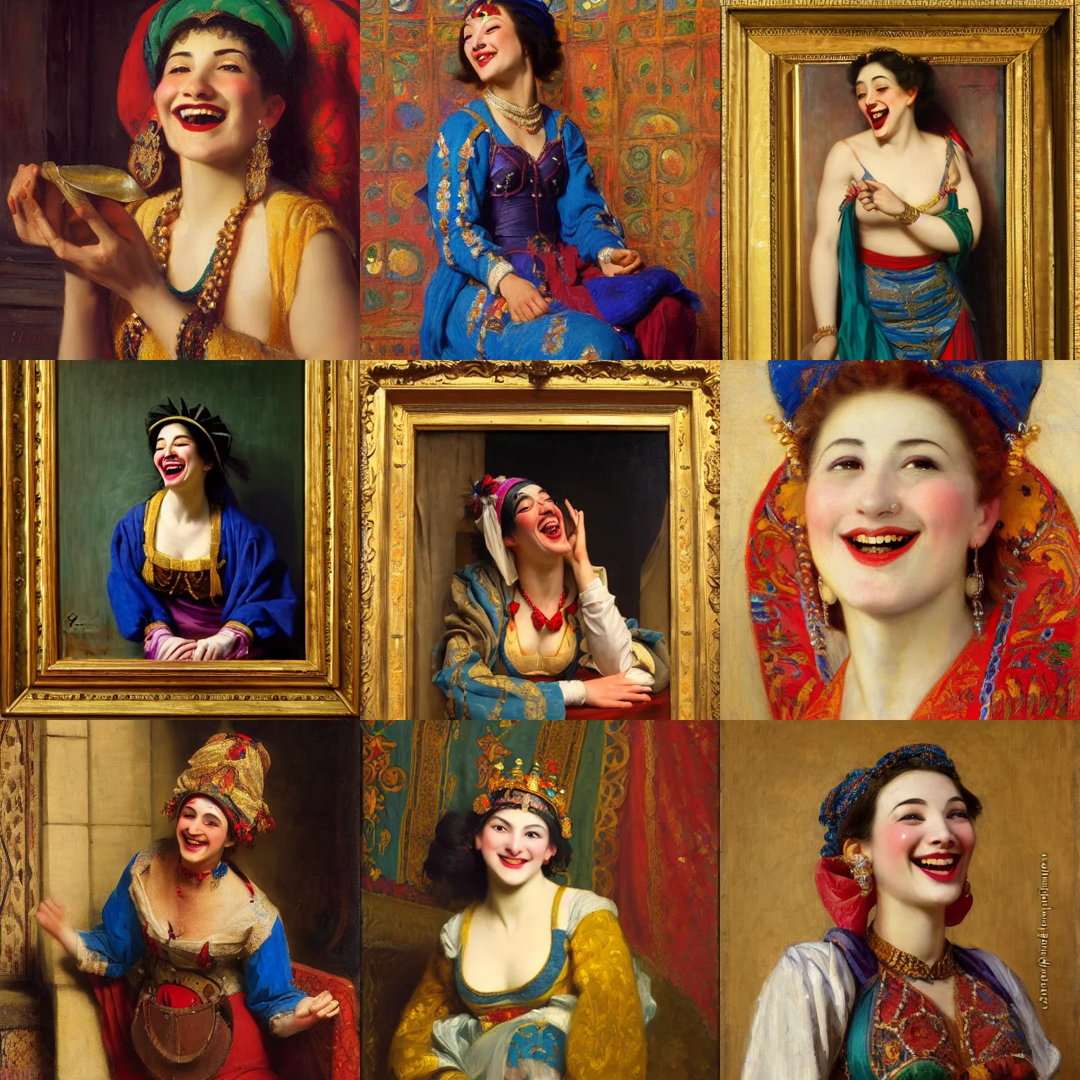 Prompt: orientalism painting of a beautiful female jester laughing by edwin longsden long and theodore ralli and nasreddine dinet and adam styka, masterful intricate art. oil on canvas, excellent lighting, high detail 8 k