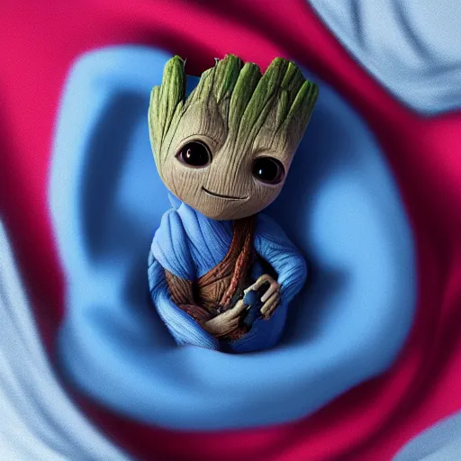 Image similar to Baby Groot is fast asleep and snuggled up in bed, cuddling a blue blanket, hyperdetailed, artstation, cgsociety, 8k