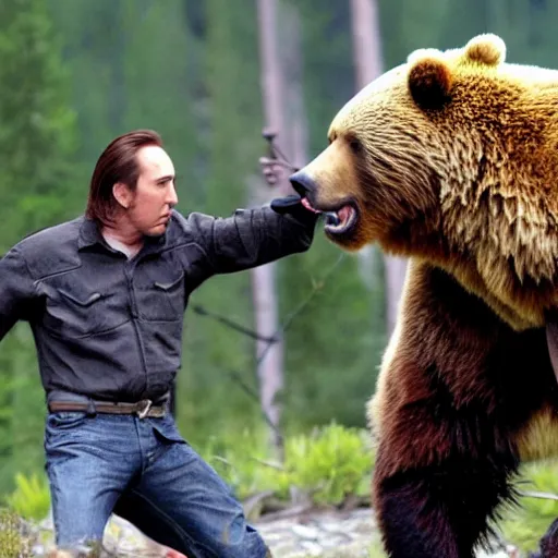 Prompt: nicholas cage fighting a bear in siberia