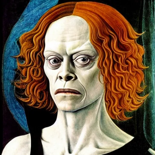 Image similar to sigourney weaver as gollum, elegant portrait by sandro botticelli, detailed, symmetrical, intricate