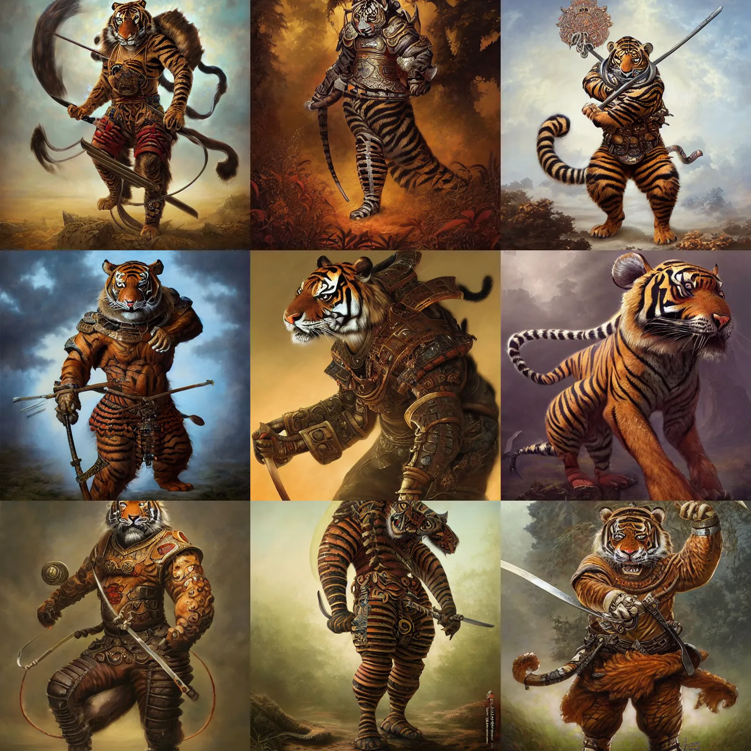 Prompt: a detailed full-body photo of anthropomorph tiger wearing heavy samurai armor, ultra detailed, by Tomasz Alen Kopera and Peter Mohrbacher and Tony Sart