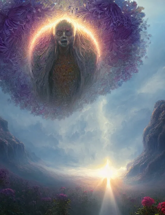 Image similar to A terrifying giant monster made of flowers, beautiful atmosphere, god rays, masterpiece digital painting by Alex Grey, Greg Rutkowski, 4k wallpaper