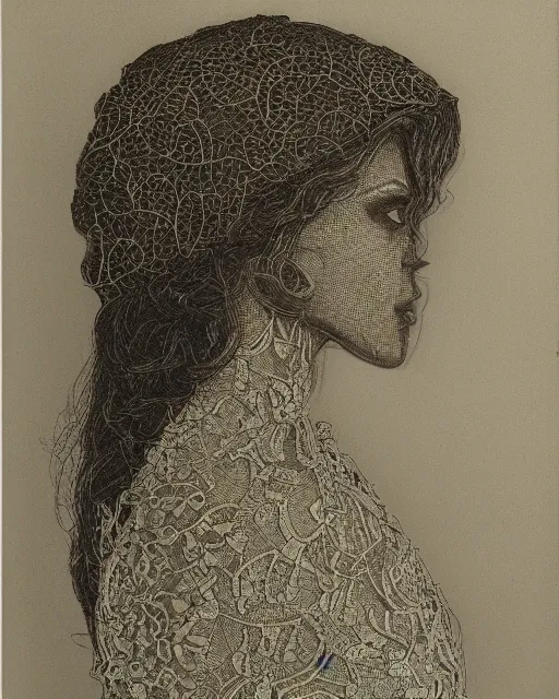 Image similar to a woman's face in profile, made of intricate decorative lace leaf, in the style of the dutch masters and gregory crewdson, dark and moody