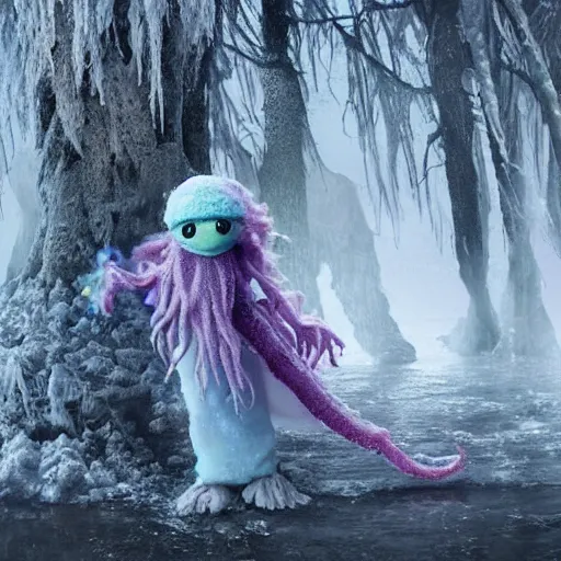 Image similar to a fluffy humanoid ethereal ghost like live action muppet wraith like figure with a squid like parasite taking over its head and four long tentacles for arms that flow gracefully at its sides like a cloak while it floats around a frozen rocky lake in the middle of the frozen woods searching for lost souls and that hides amongst the shadows in the trees, this character can control the ice and snow and has mastery of the shadows, it is known as the bringer of nightmares and the ruler of endless night terrors, it is a real muppet by sesame street, photo realistic, real, realistic, felt, stopmotion, photography, sesame street