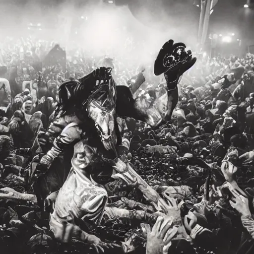 Image similar to abstract mosh pit, slam dancing creatures, circle pit demons, chaotic riot, violent zombie dance, violent protest, war photography, high detail, 4 k