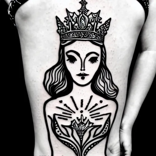 Prompt: a peaceful meditative mermaid wearing a crown, banner across chest, full body, symmetrical, highly detailed black and white new school pinup tattoo design