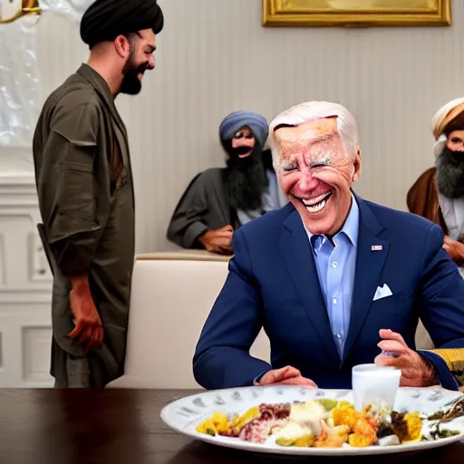 Image similar to 4 k hdr portrait wide angle photo of president joe biden laughing at a dinner table meeting surrounded by taliban terrorist leaders