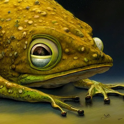 Prompt: long shot of an alien frog, by esao andrews, by m. w. kaluta, by james web telescope, ultra humorous beautiful oil painting, cinematic space scenery, small depth of field, depth perception, volumetric light, rich colors, 3 d octane render, 8 k, conceptart, hyperdetailed, hyperrealistic, trending on artstation