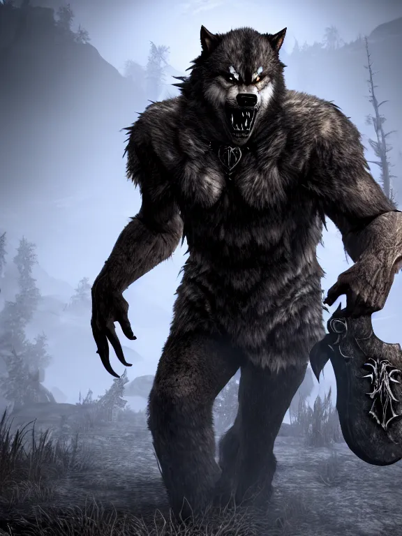 Image similar to cute handsome cuddly burly surly relaxed calm timid werewolf from van helsing unreal engine hyperreallistic render 8k character concept art masterpiece screenshot from the video game the Elder Scrolls V: Skyrim