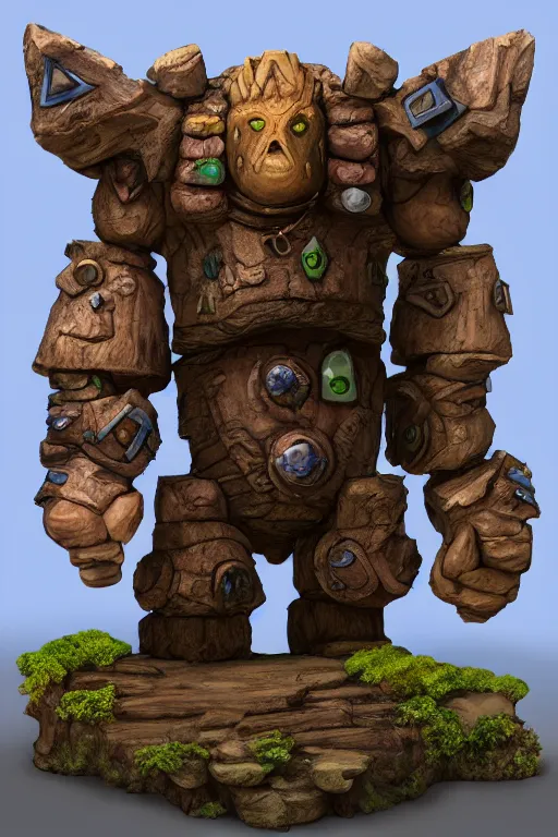 Image similar to zelda fantasy art giant golem troll wood rock greeble gemstone, global illumination ray tracing hdr fanart arstation by sung choi and eric pfeiffer and gabriel garza and casper konefal