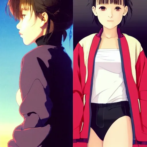 Image similar to a beautiful! boyish! natalie portman alluring gravure! model, wearing oversized mayan bomber jacket and leotard with overalls, bulky poofy bomber jacket with mayan patterns, gapmoe yandere grimdark, trending on pixiv fanbox, painted by greg rutkowski makoto shinkai takashi takeuchi studio ghibli, akihiko yoshida