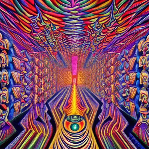 Prompt: A mysterious, psychedelic room by Alex Grey