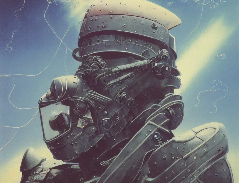 Prompt: a detailed portrait painting of a lone bounty hunter in combat armour and visor. cinematic sci-fi poster. Flight suit and wires, accurate anatomy. Samurai influence, knight influence. fencing armour. portrait symmetrical and science fiction theme with lightning, aurora lighting. clouds and stars. Futurism by moebius beksinski carl spitzweg moebius and tuomas korpi. baroque elements. baroque element. intricate artwork by caravaggio. Oil painting. Trending on artstation. 8k