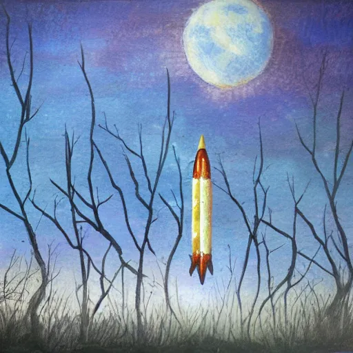 Prompt: dreamy distant abandoned rocket ship, distant knotted branches, dry brush, impressionistic wash, extremely detailed