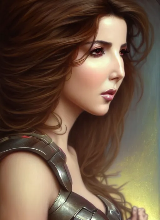 Prompt: glamorous nancy ajram portrait, seductive eyes and face, elegant, lascivious pose, very detailed face, studio lighting, photorealism, wearing Forerunner armor from Halo portrait by Magali Villeneuve and Steve Argyle,Livia Prima,Mucha,dress,fantasy art,beautiful,artstation,trending on artstation,intricate details,alluring,masterpiece